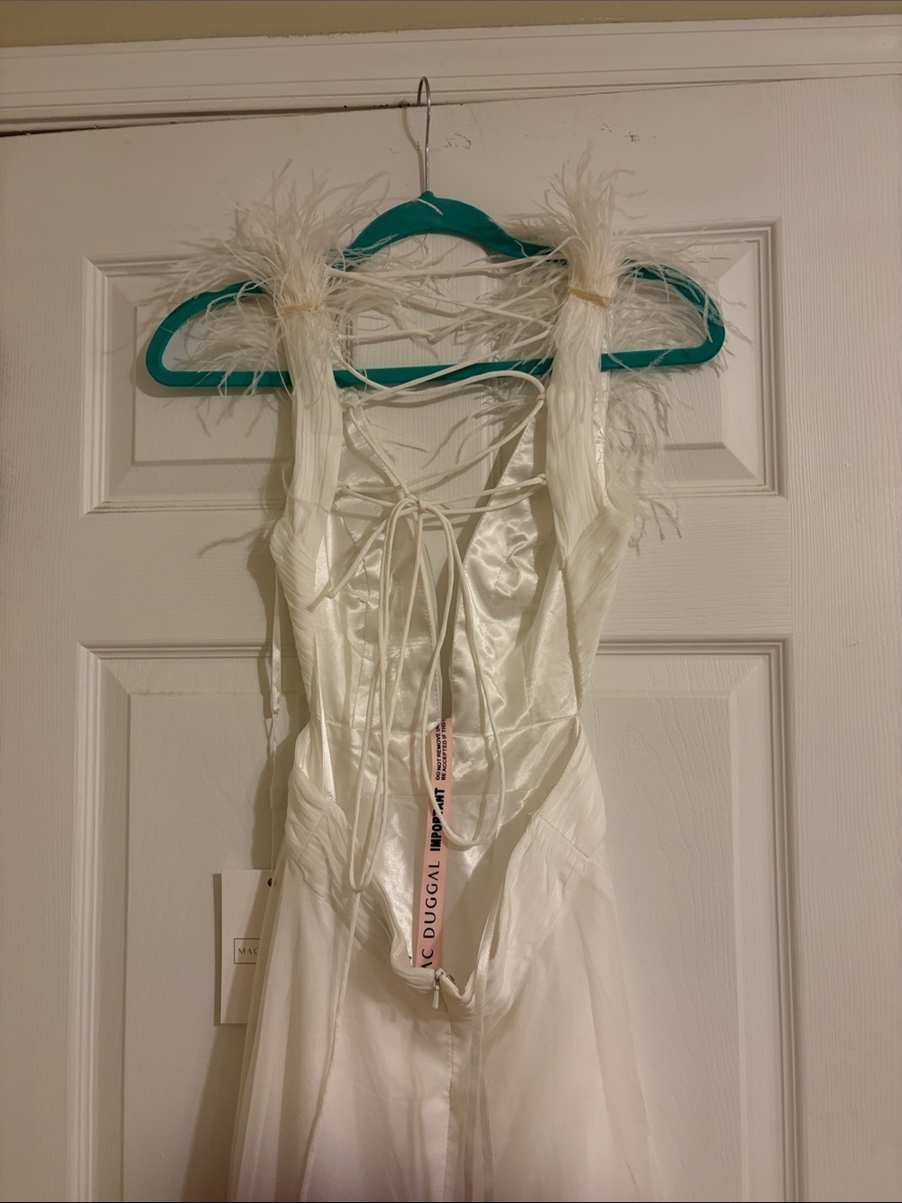 Mac Duggal White Feather-Trim Plunge Maxi Dress - Picture 10 of 12